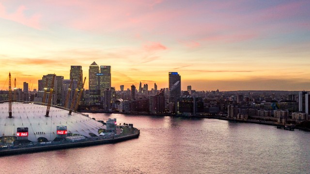 Sunset over the river Thames, The O2 and London’s skyline.