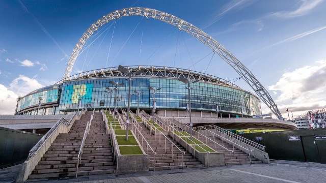 View of Wembley Stadium with no crowds.