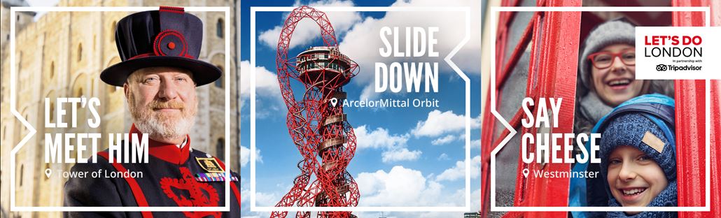 A creative asset for the Let's Do London 2023 campaign featuring a royal guard, ArcelorMittal Orbit and children in a phone box.