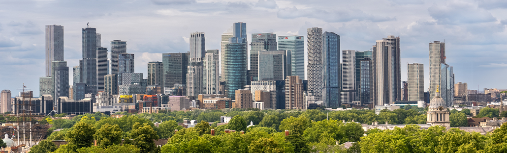 Panoramic shot of the London skyline and trees of Greenwich Park