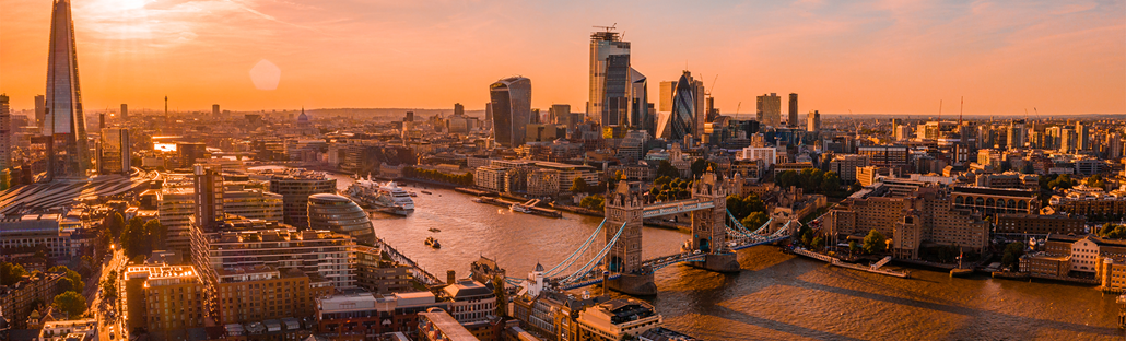 Aerial view of sunset over London