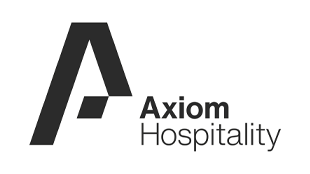 A black logo of a stylised capital letter A next to text that reads Axiom Hospitality in black font on a white background.