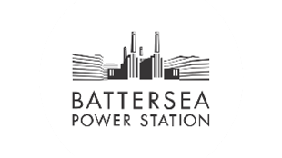 A logo of black shapes forming the outline of an industrial building on top of text that reads Battersea Power Station on a white background.