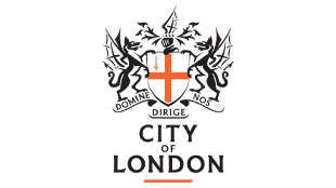 A black logo of a heraldic crest with two dragons looking towards a central shield with the cross of St George in the centre, above text that reads City of London on a white background.