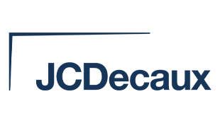 A logo of a blue line forming an angle on top of text that reads JCDecaux in blue font against a white background.