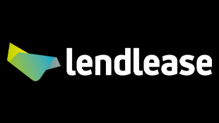 A yellow, green and blue geometric shape next to text that reads lendlease in white font against a black background.