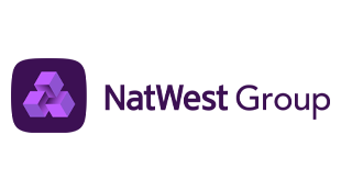 A purple geometric logo made up of three dimensional cubes on a dark purple background, next to text that reads NatWest Group in purple font on a white background.