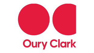 A logo of two red circles, the right hand side of the circle on the right is cut off, above text in red font that reads Oury Clark against a white background.
