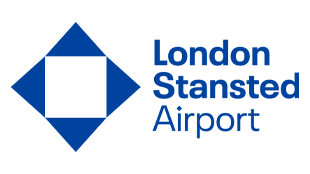A logo of a blue and white geometric diamond shape next to text that reads London Stansted Airport in blue font against a white background.