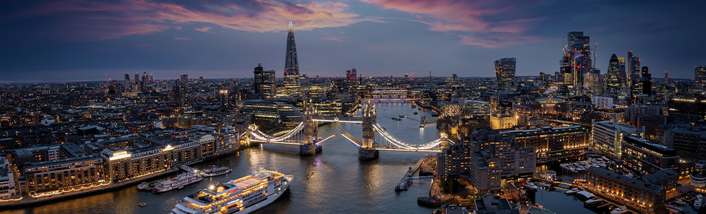 Aerial view of London with a cruise ship.