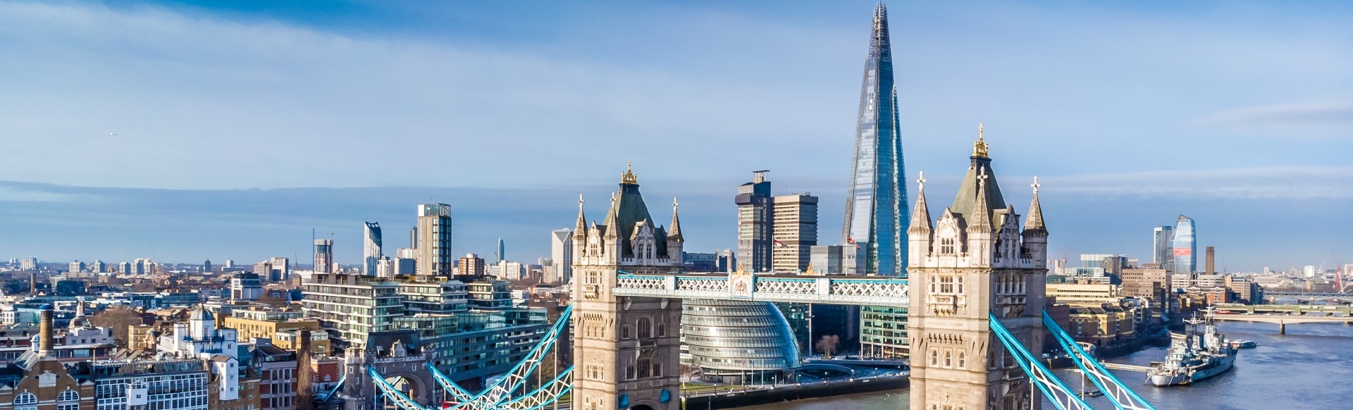 Aerial view on Tower Bridge and Shard.