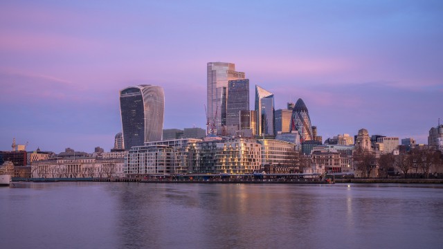 London City skyline at dusk.