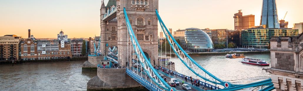 Tower Bridge with The Shard at dusk.